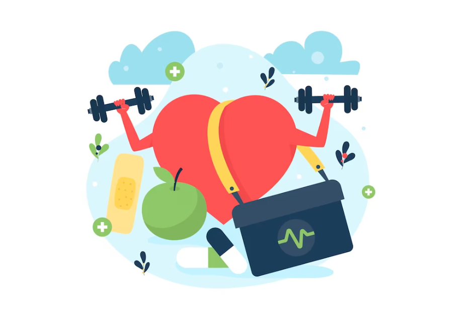 An animated heart lifting weights, with healthy items and a medical kit